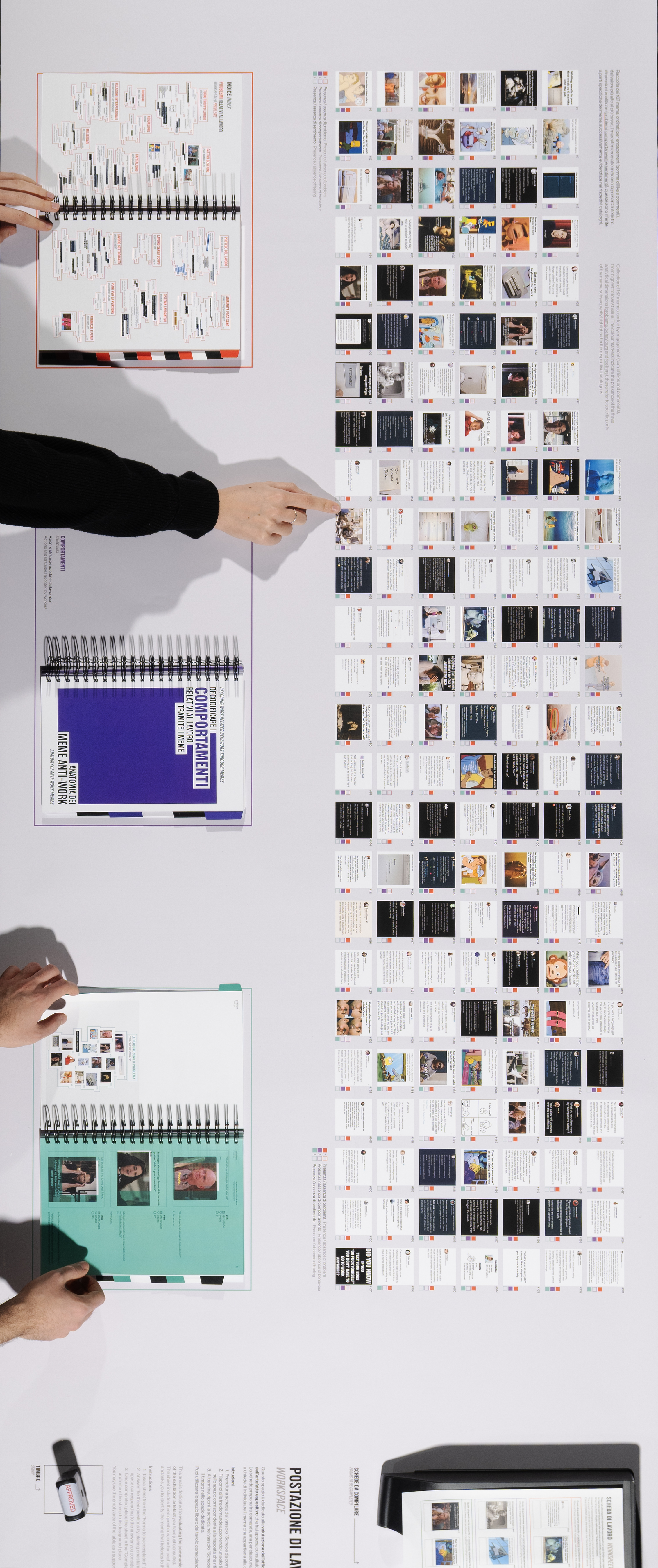 Vista complessiva dell’allestimento con la griglia dei 167 meme