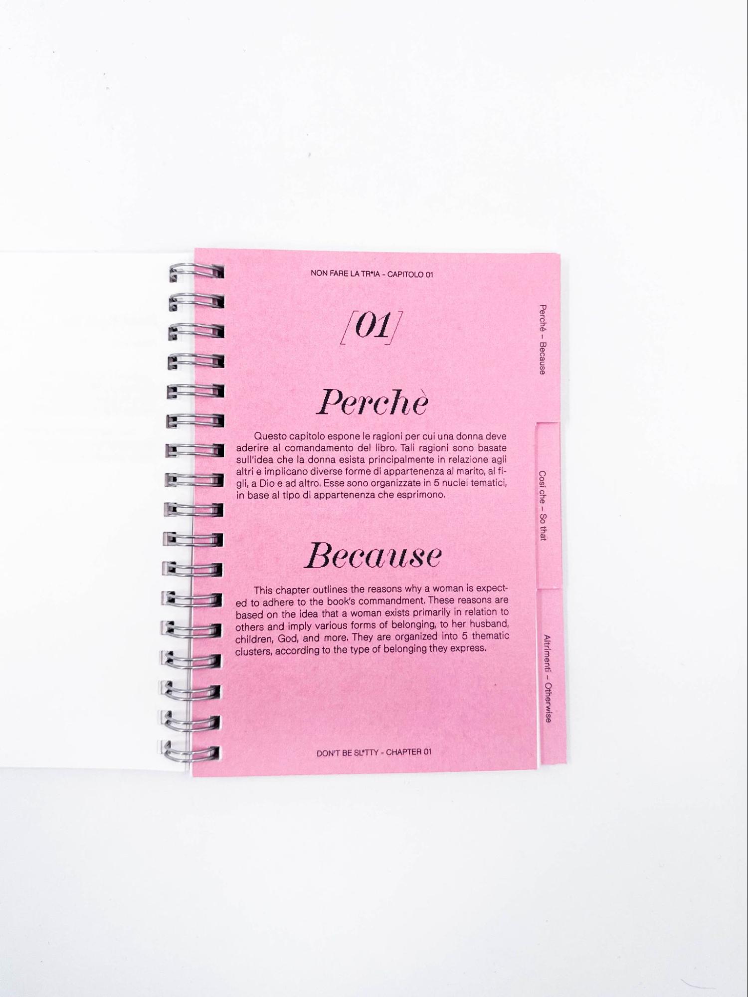 Pagina di apertura e Indice del capitolo 01 “Perchè...”. I quadratini neri indicano le sottocategorie in cui è stato possibile identificare citazioni relative allo specifico comandamento